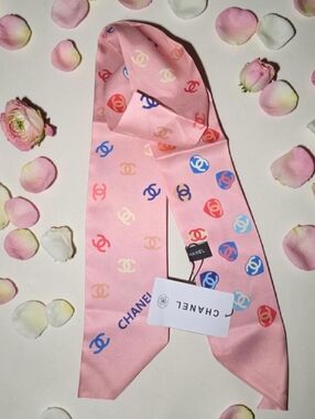 CHANEL Pink Logo-Print Silk Scarf Tie